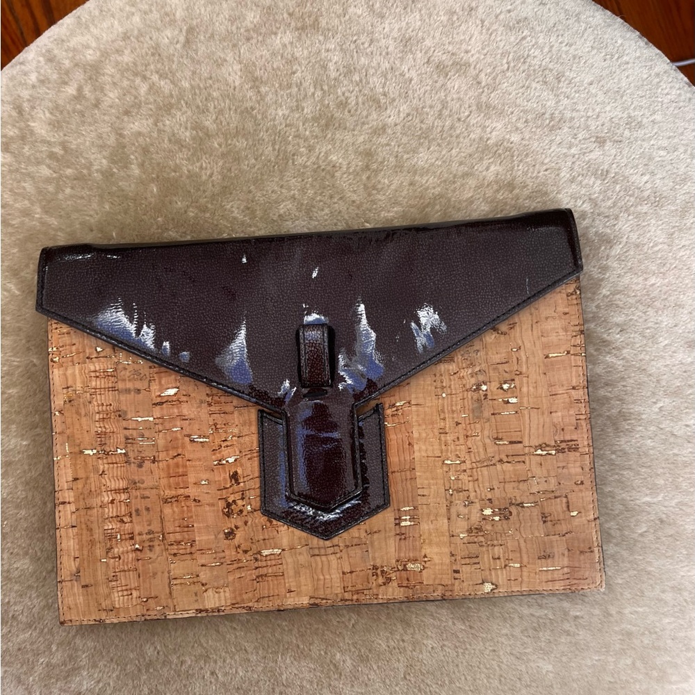 Yves Saint Laurent YSL clutch in cork and leather, satin lining w/ single pocket